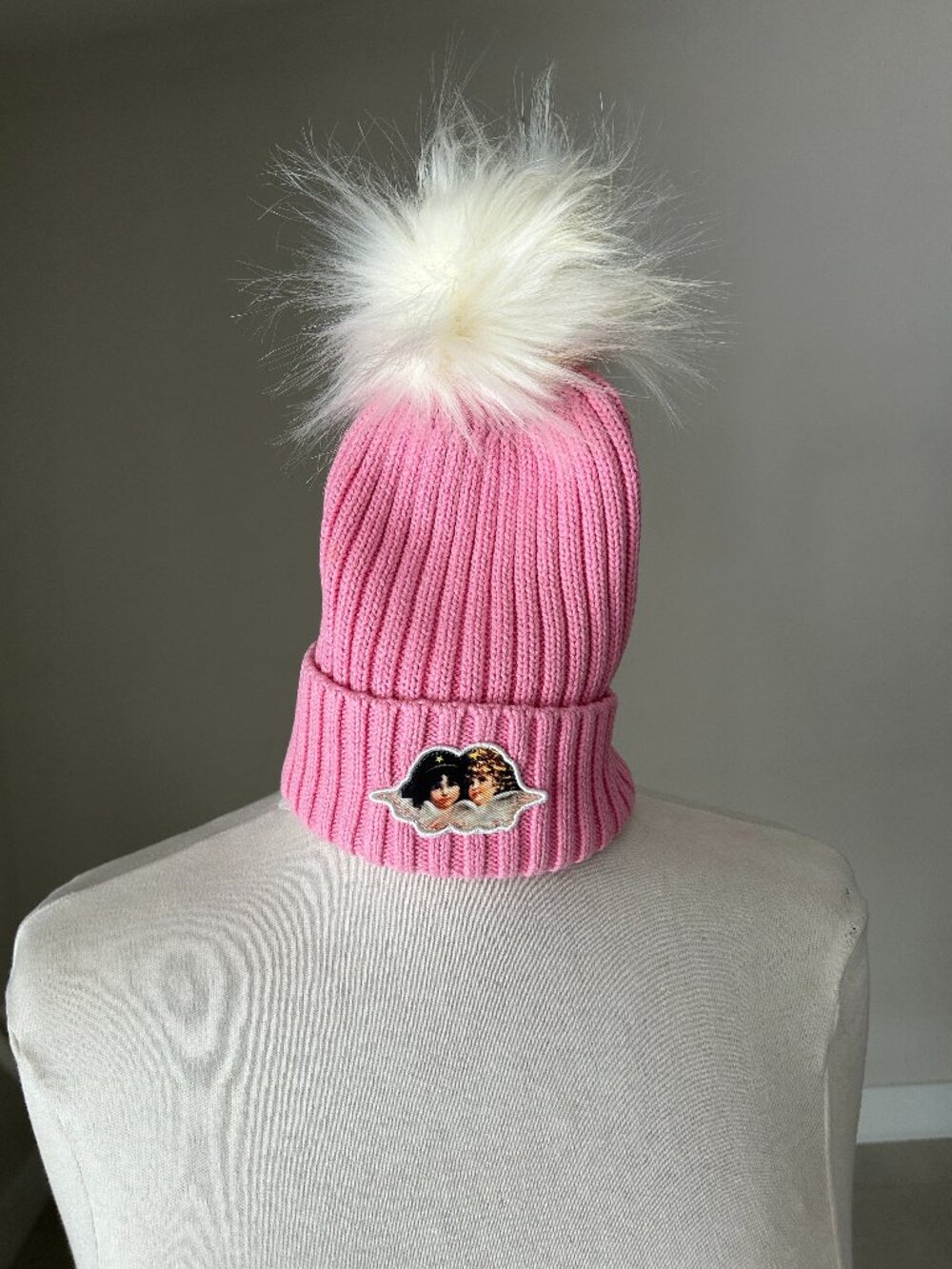 FIORUCCI Icon Angels Pink Ribbed Knit Beanie Hat White Faux Fur Pom Pom OS Adult